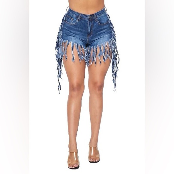 Pants - Denim Fringe Jean Shorts - Blue
